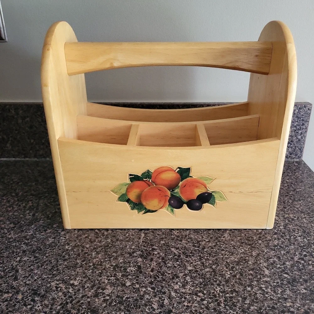 Vintage Cottagecore Wooden Utensil Caddy Fruit Motif Kitchen Organizer Thailand